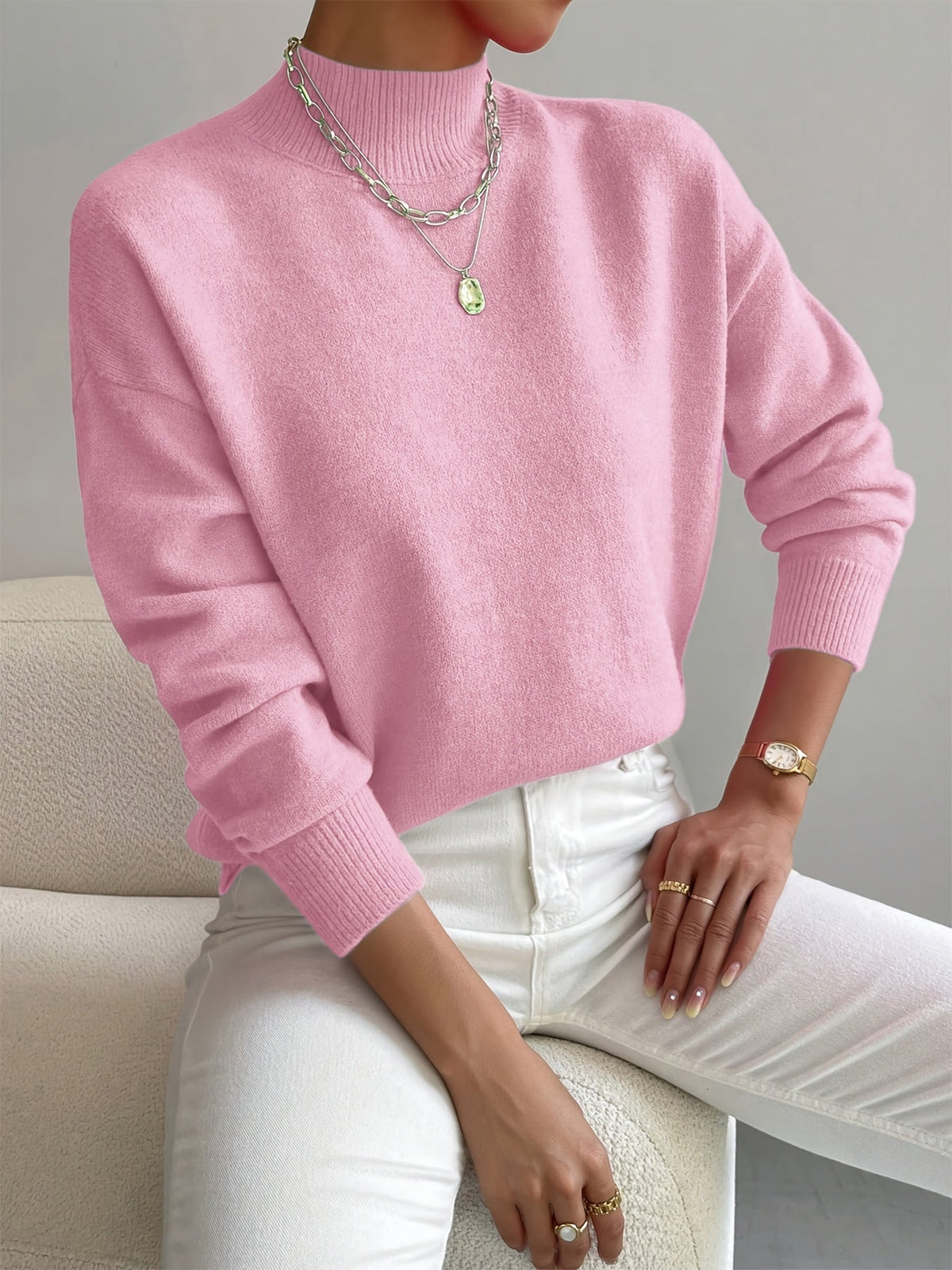 Women's Cozy Mock Neck Sweater with Ribbed Details and Relaxed Fit
