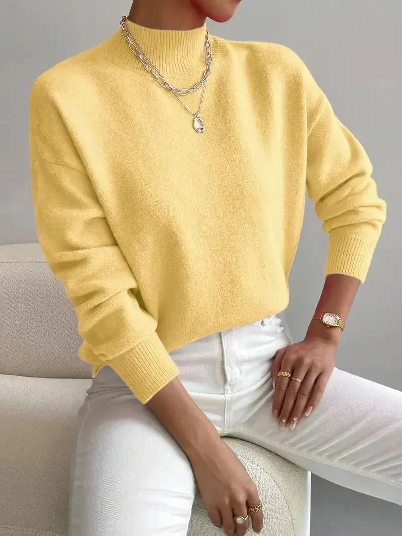 Women's Cozy Mock Neck Sweater with Ribbed Details and Relaxed Fit