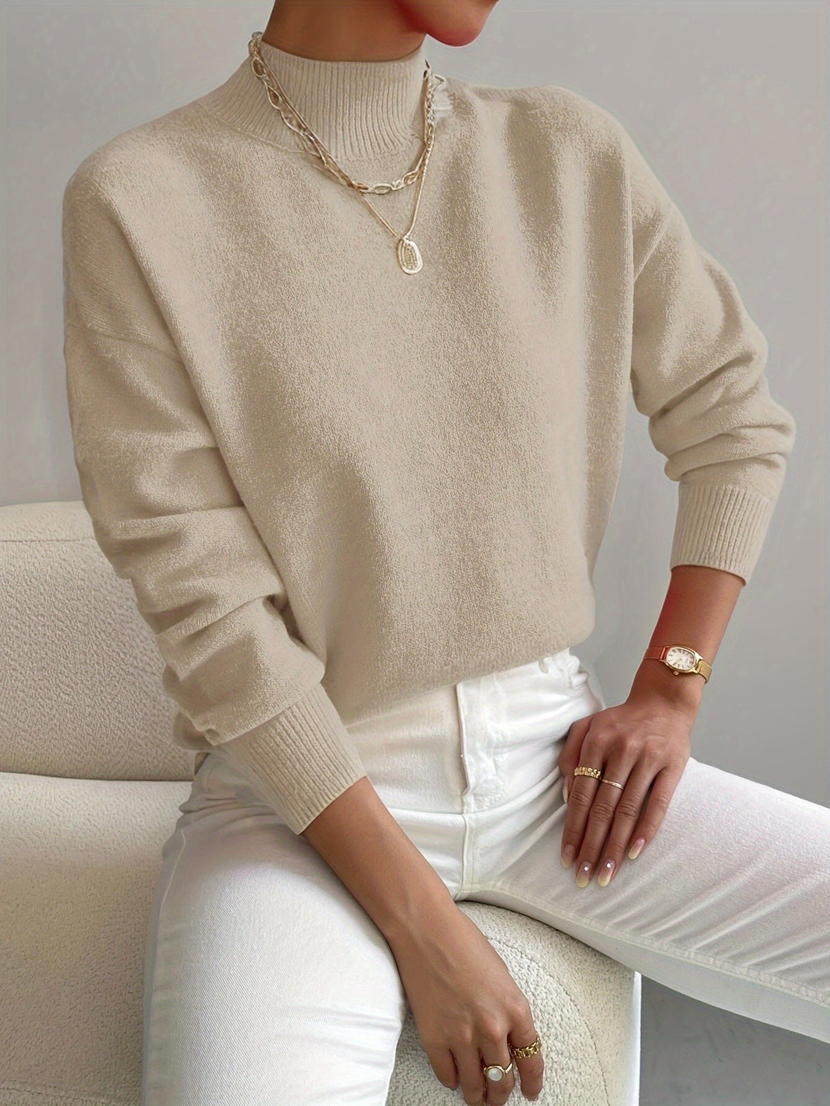 Women's Cozy Mock Neck Sweater with Ribbed Details and Relaxed Fit
