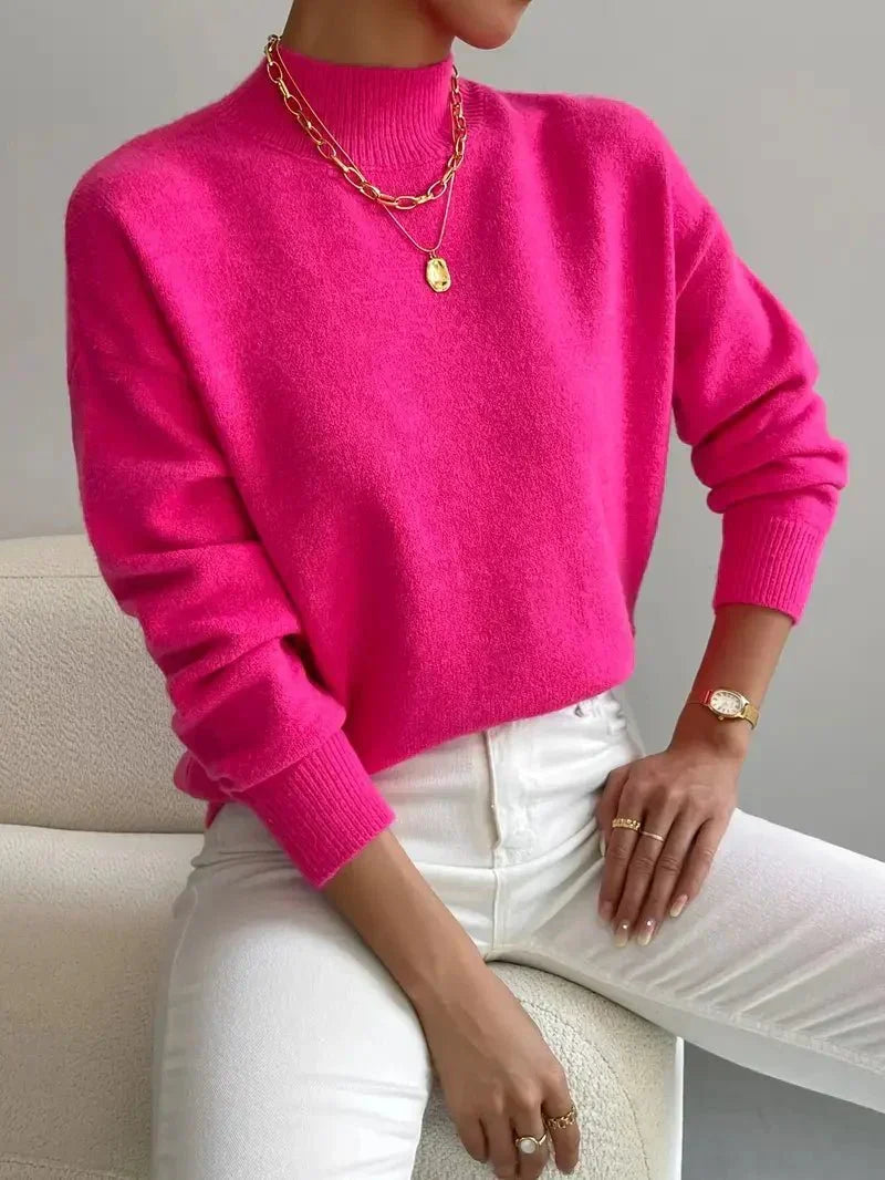 Women's Cozy Mock Neck Sweater with Ribbed Details and Relaxed Fit
