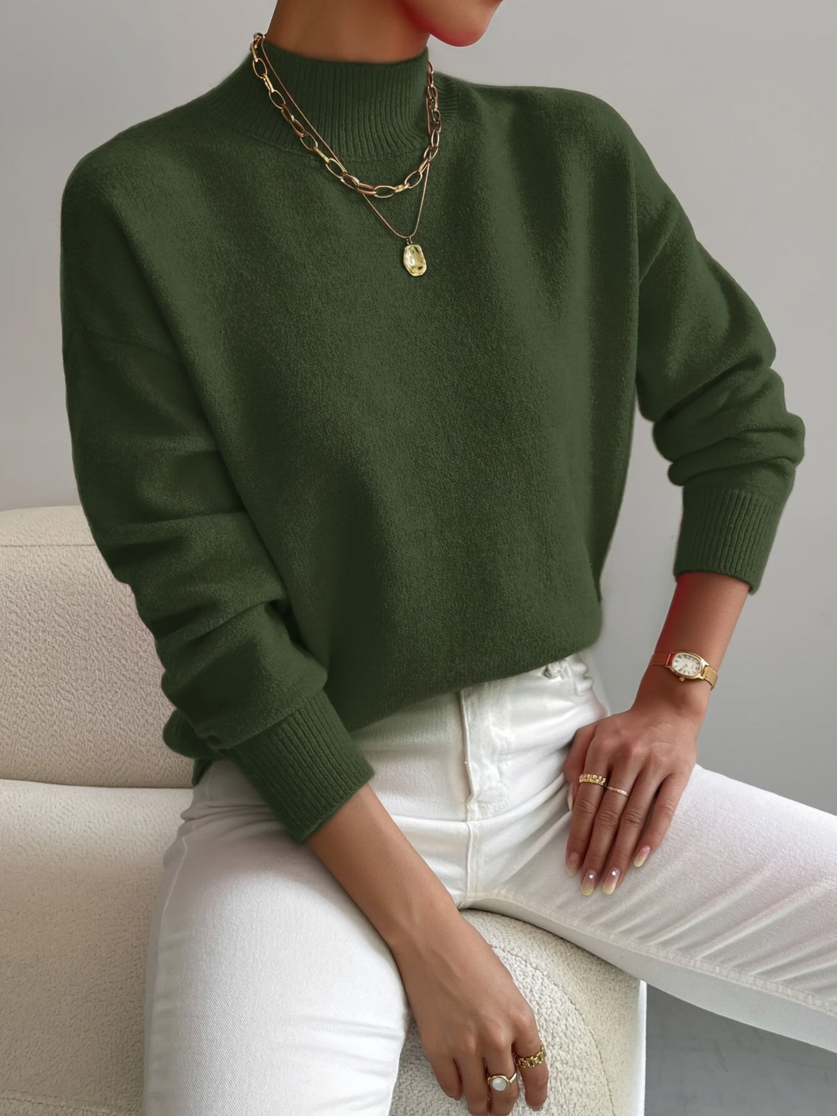 Women's Cozy Mock Neck Sweater with Ribbed Details and Relaxed Fit