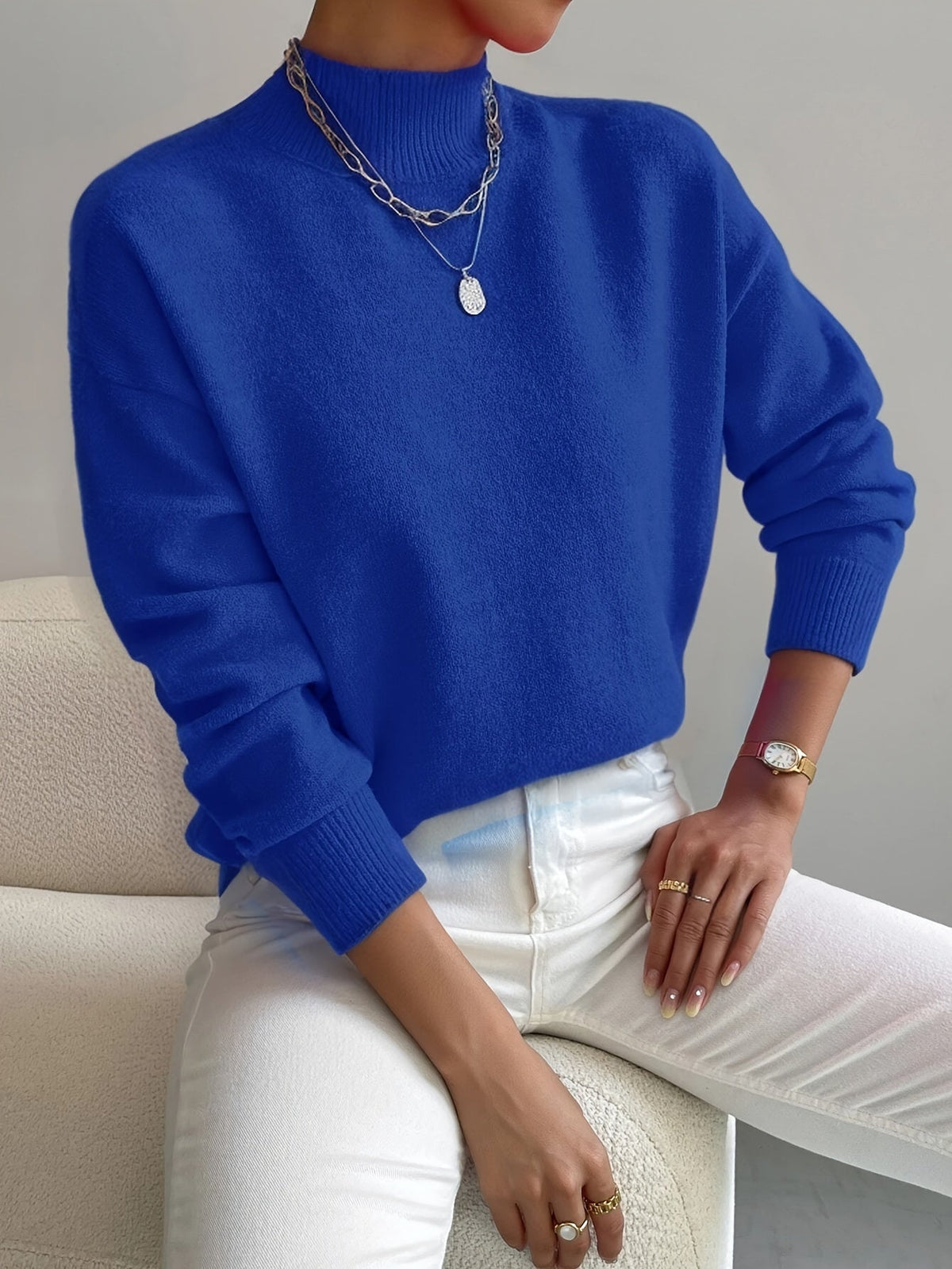 Women's Cozy Mock Neck Sweater with Ribbed Details and Relaxed Fit
