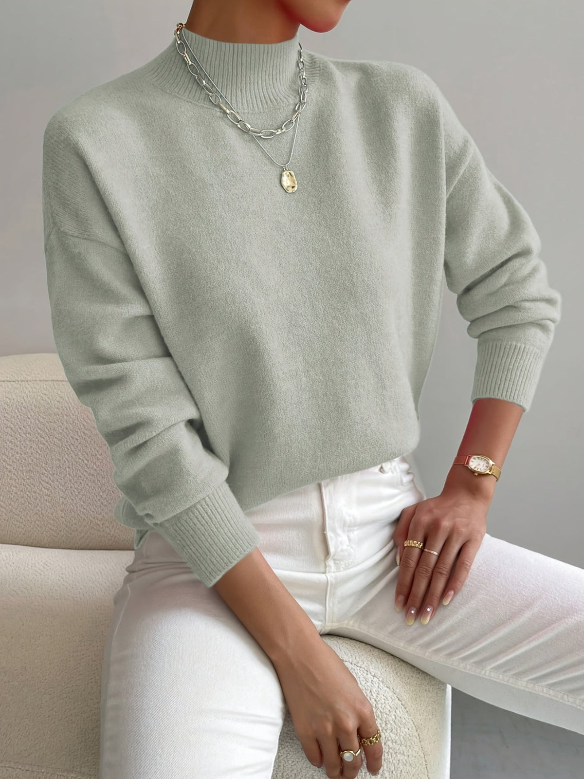 Women's Cozy Mock Neck Sweater with Ribbed Details and Relaxed Fit