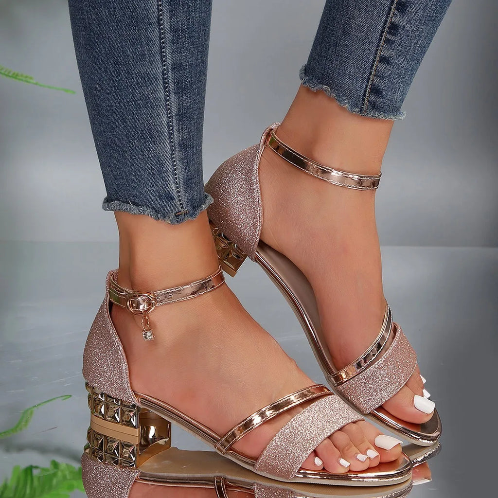 Glitter Block Heel Sandals with Metallic Trim and Embellished Ankle Strap