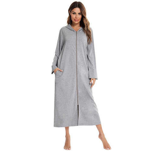Chemise de nuit d’hiver douillette à fermeture éclair, avec capuche et poches