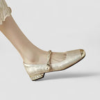 Mary Jane Block Heel Shoes with Jacquard Upper and Pearl Strap for Wedding Guest