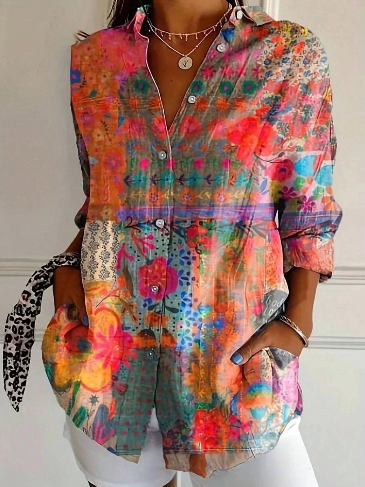Women's Colourful Print Blouse Lightweight Button Shirt