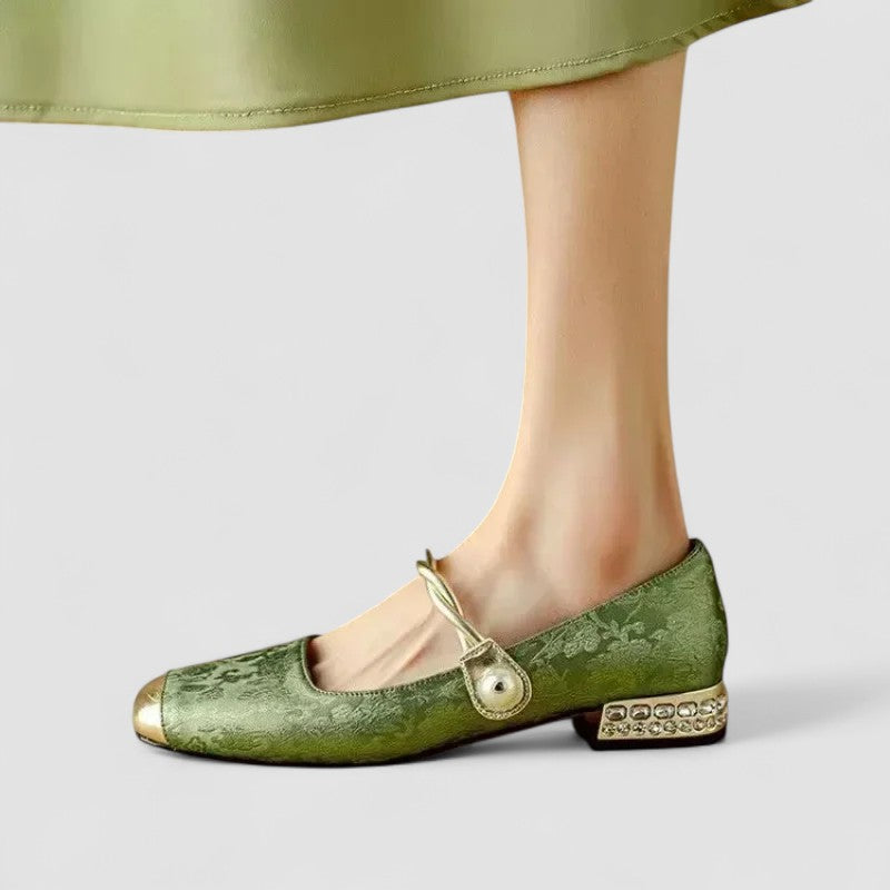 Mary Jane Block Heel Shoes with Jacquard Upper and Pearl Strap for Wedding Guest