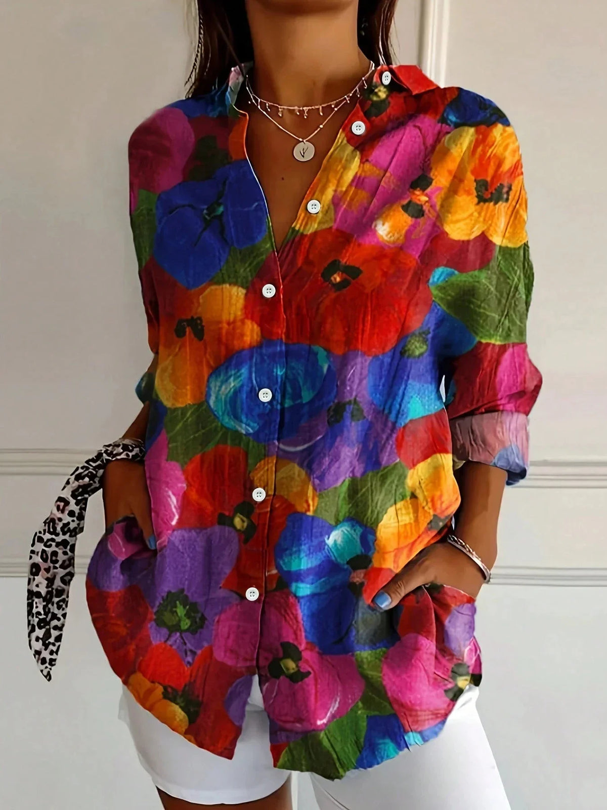 Women's Colourful Print Blouse Lightweight Button Shirt