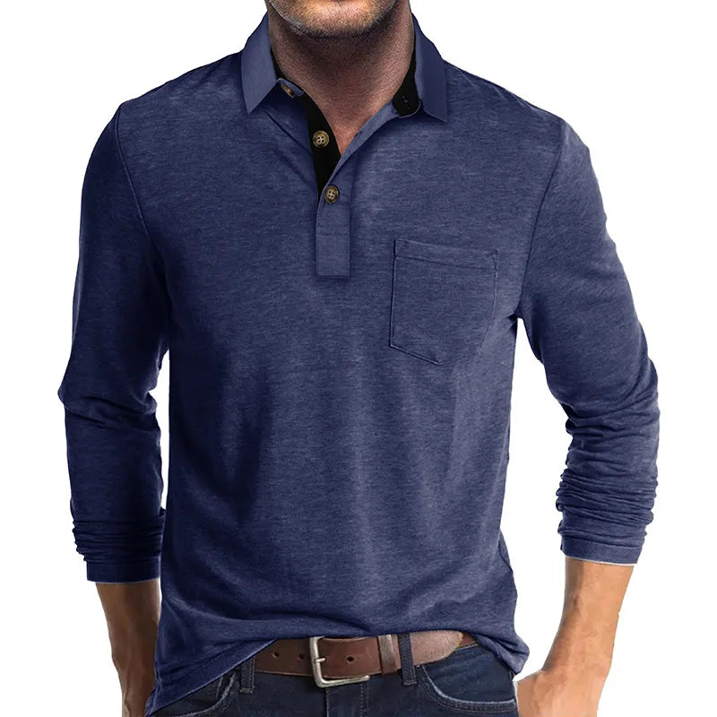Polo à manches longues pour homme avec poche poitrine et patte de boutonnage