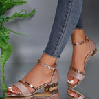 Glitter Block Heel Sandals with Metallic Trim and Embellished Ankle Strap