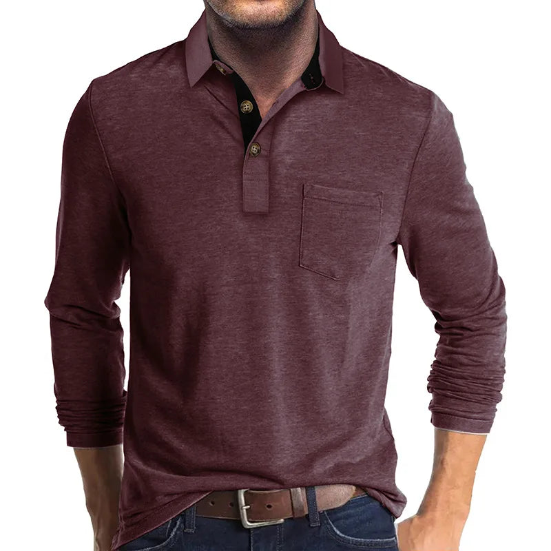 Polo à manches longues pour homme avec poche poitrine et patte de boutonnage