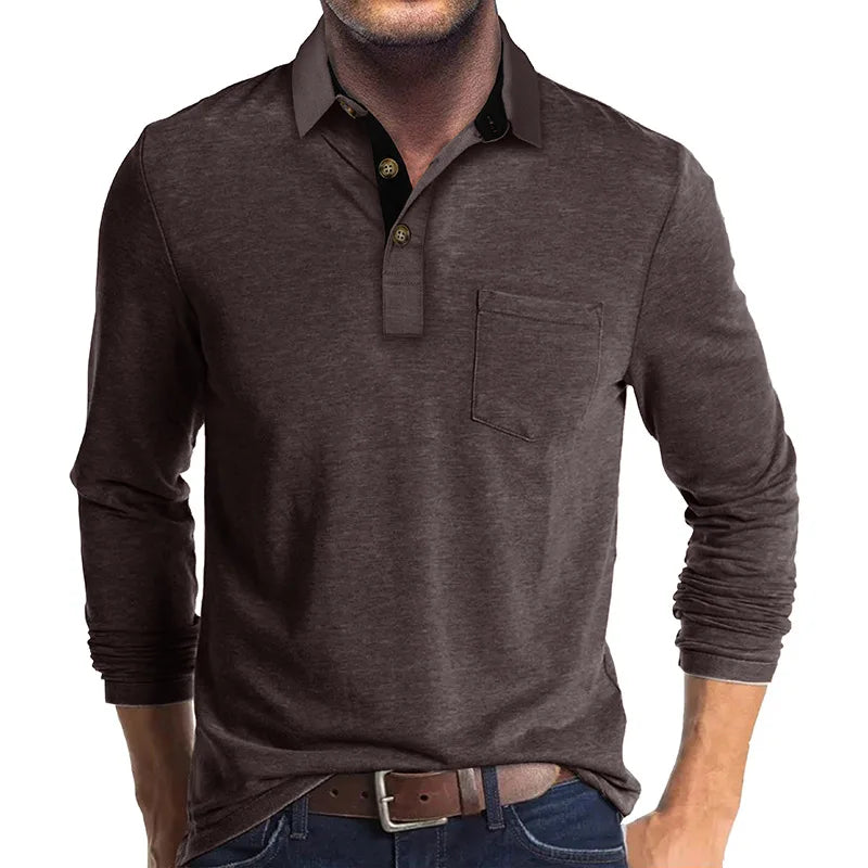 Polo à manches longues pour homme avec poche poitrine et patte de boutonnage