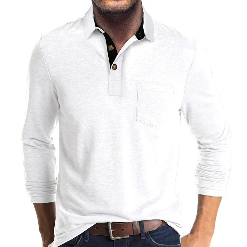 Polo à manches longues pour homme avec poche poitrine et patte de boutonnage