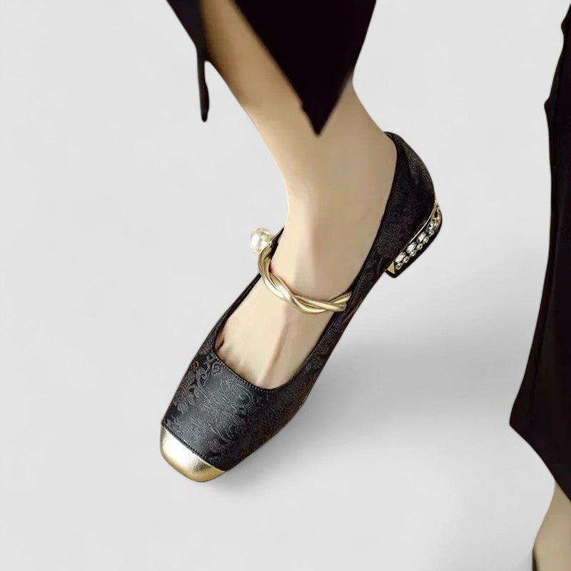 Mary Jane Block Heel Shoes with Jacquard Upper and Pearl Strap for Wedding Guest