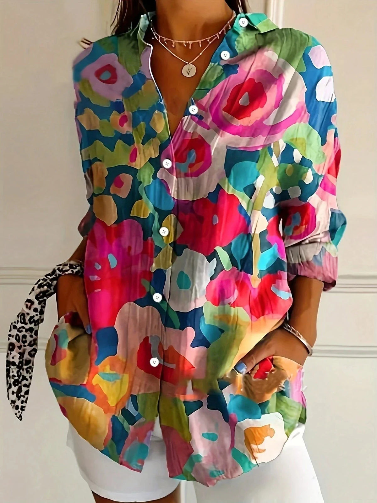 Women's Colourful Print Blouse Lightweight Button Shirt