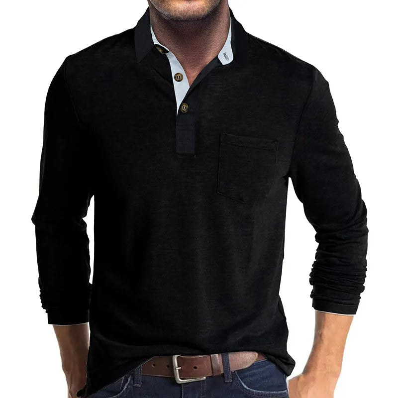 Polo à manches longues pour homme avec poche poitrine et patte de boutonnage
