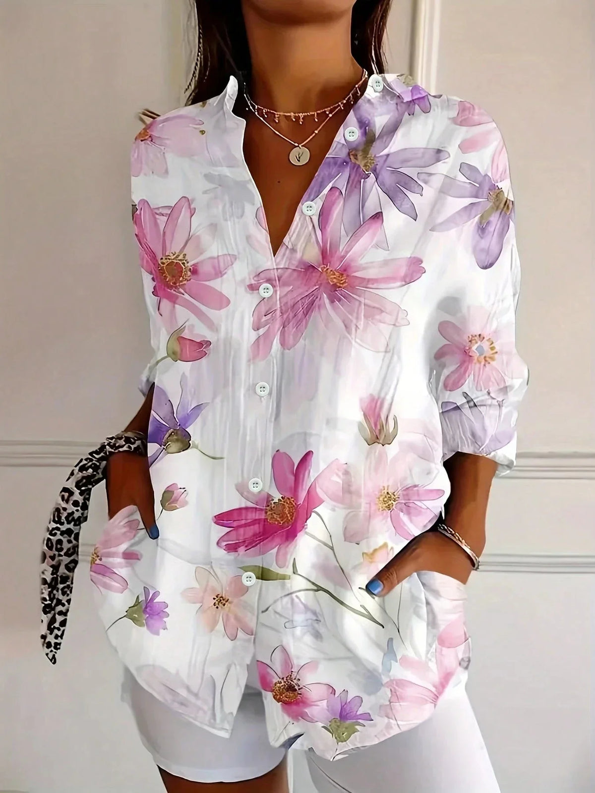 Women's Colourful Print Blouse Lightweight Button Shirt