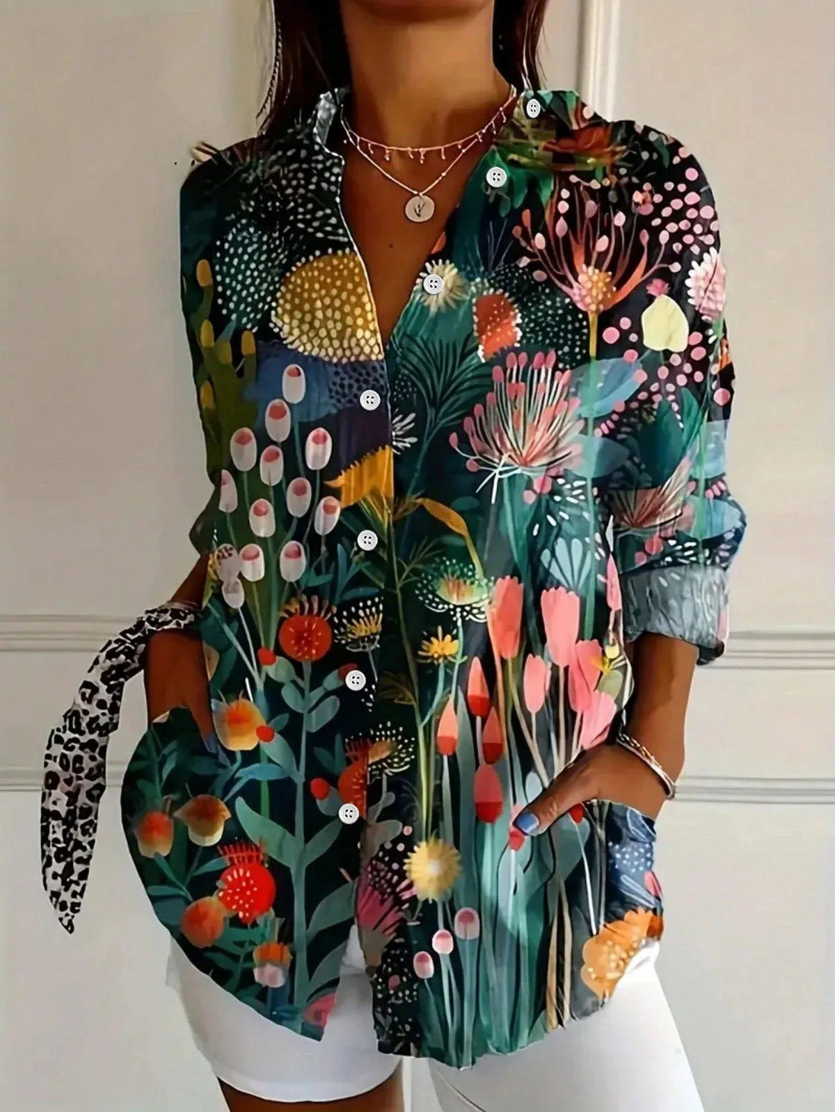 Women's Colourful Print Blouse Lightweight Button Shirt