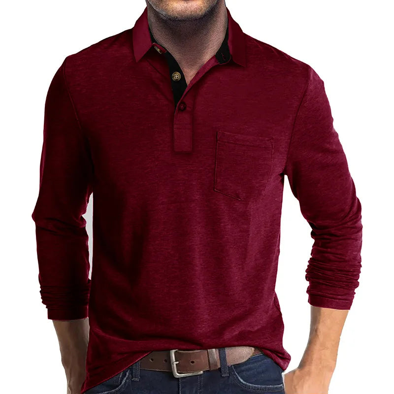 Polo à manches longues pour homme avec poche poitrine et patte de boutonnage