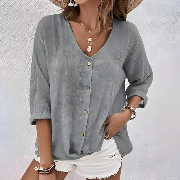 Blouse boutonnée à col en V pour femmes, coupe décontractée, haut décontracté