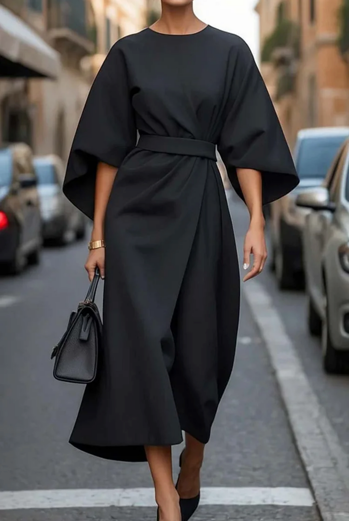 Robe midi intemporelle pour femmes, taille ceinturée, coupe structurée