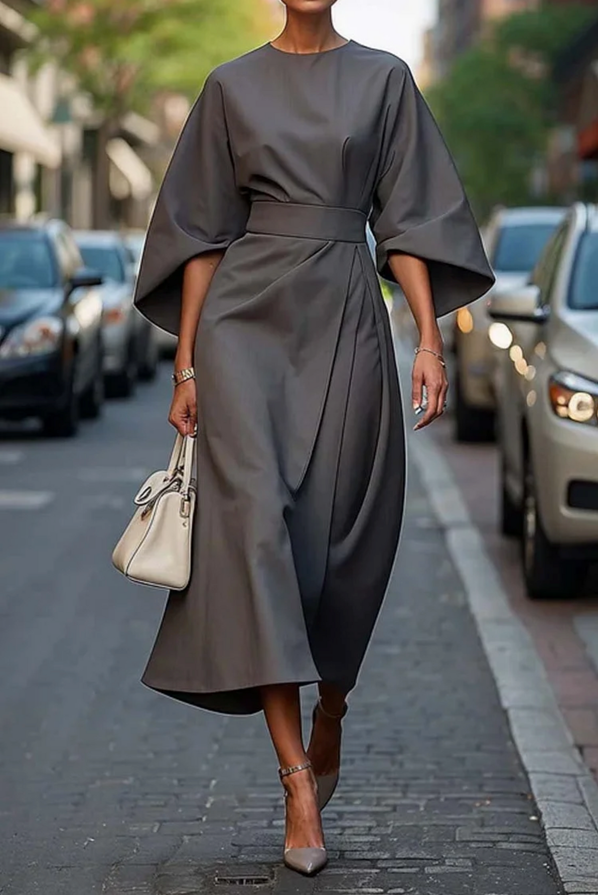 Robe midi intemporelle pour femmes, taille ceinturée, coupe structurée