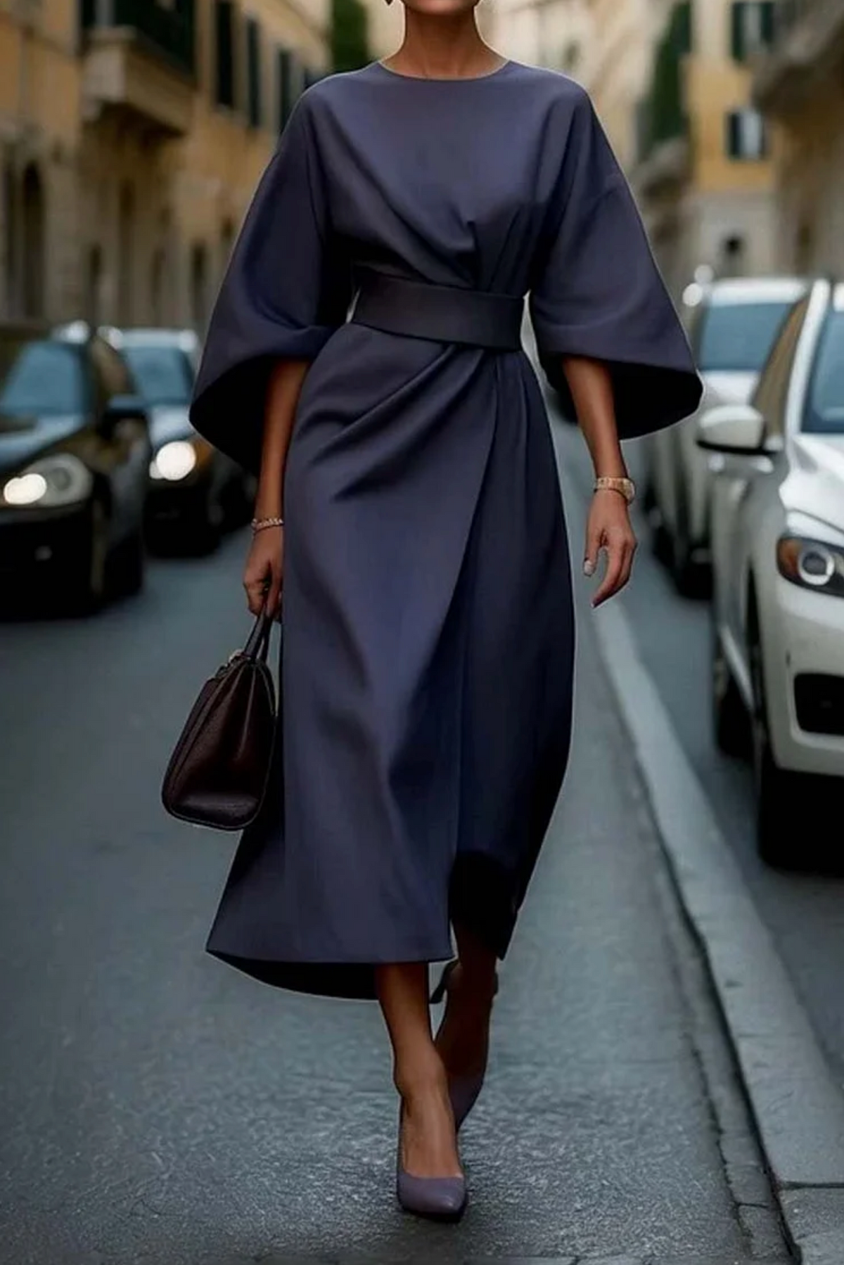 Robe midi intemporelle pour femmes, taille ceinturée, coupe structurée