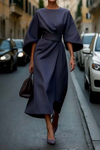 Women's Timeless Midi Dress Belted Waist Structured Fit Dress