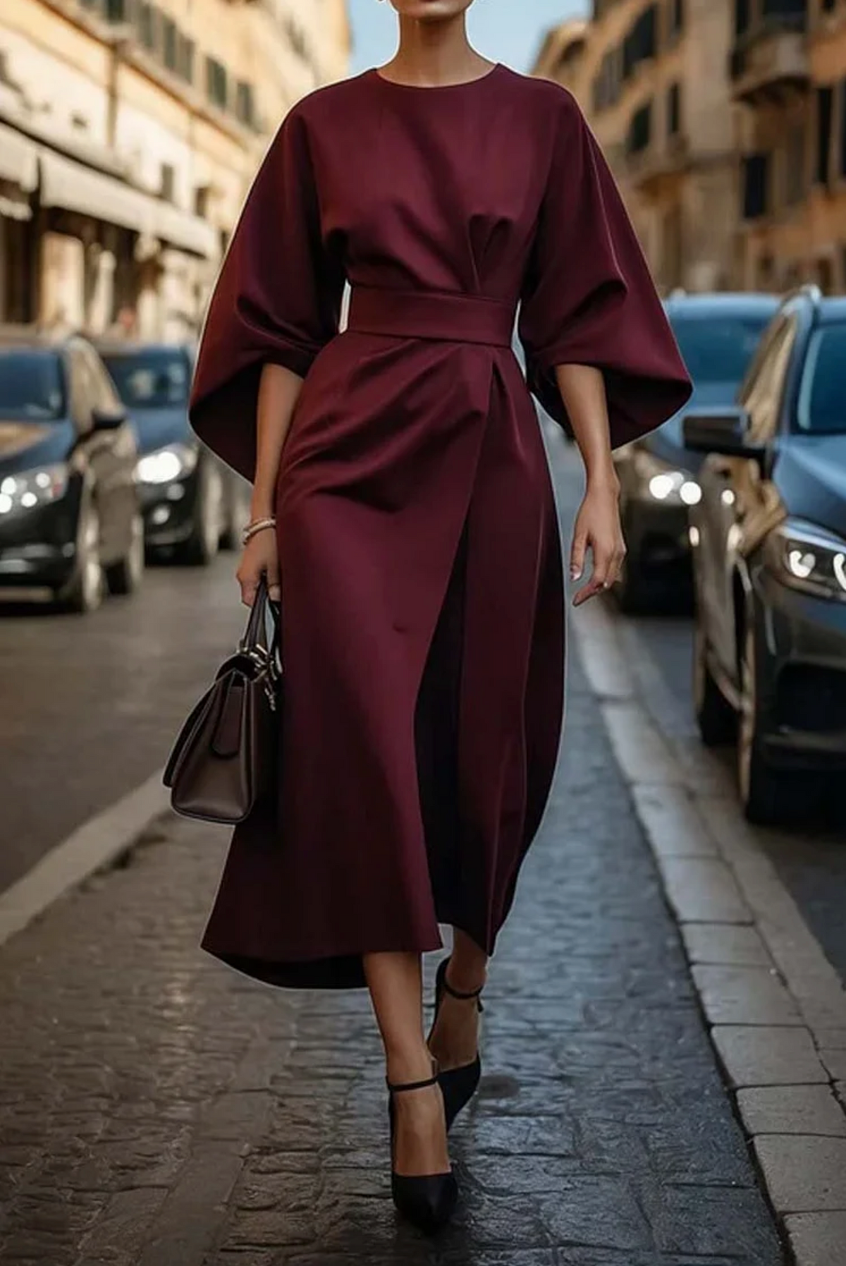 Robe midi intemporelle pour femmes, taille ceinturée, coupe structurée
