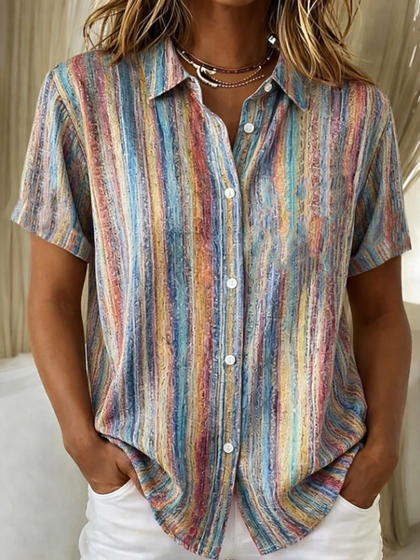 Women's Casual Boho Stripe Short Sleeve Shirt for Relaxed Days
