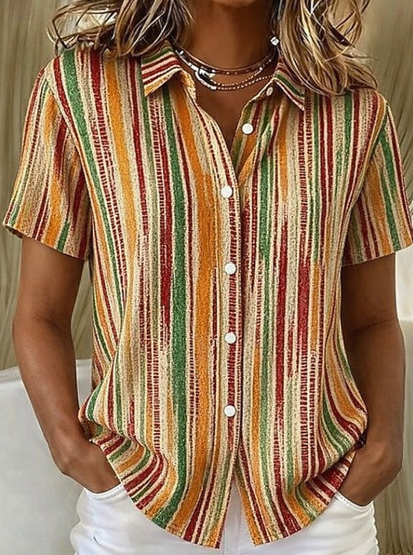 Women's Casual Boho Stripe Short Sleeve Shirt for Relaxed Days