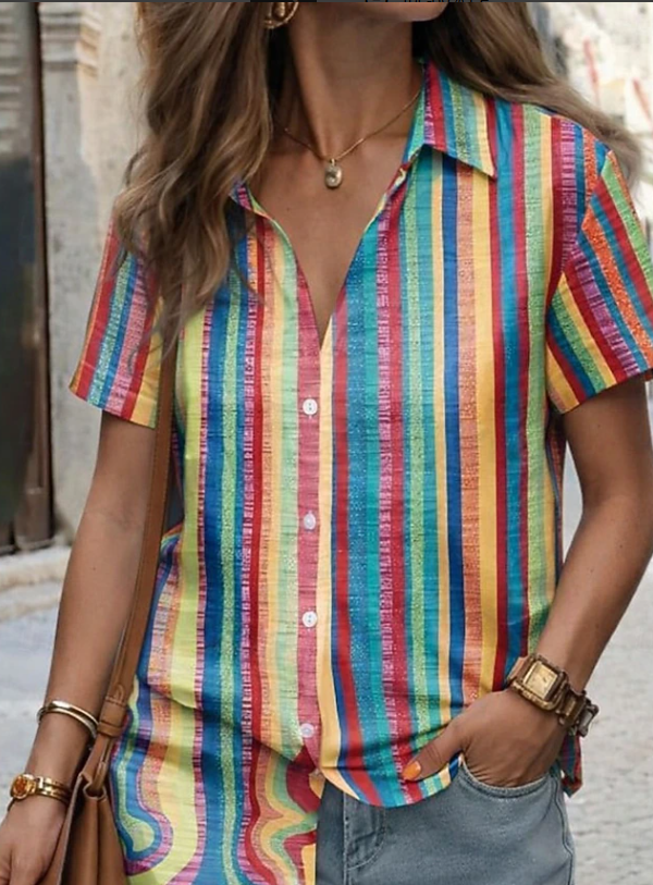 Women's Casual Boho Stripe Short Sleeve Shirt for Relaxed Days