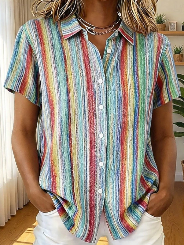 Women's Casual Boho Stripe Short Sleeve Shirt for Relaxed Days