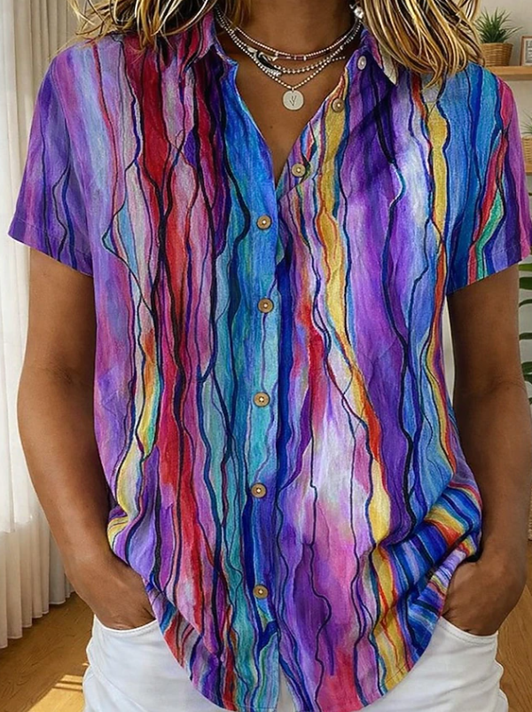 Women's Casual Boho Stripe Short Sleeve Shirt for Relaxed Days