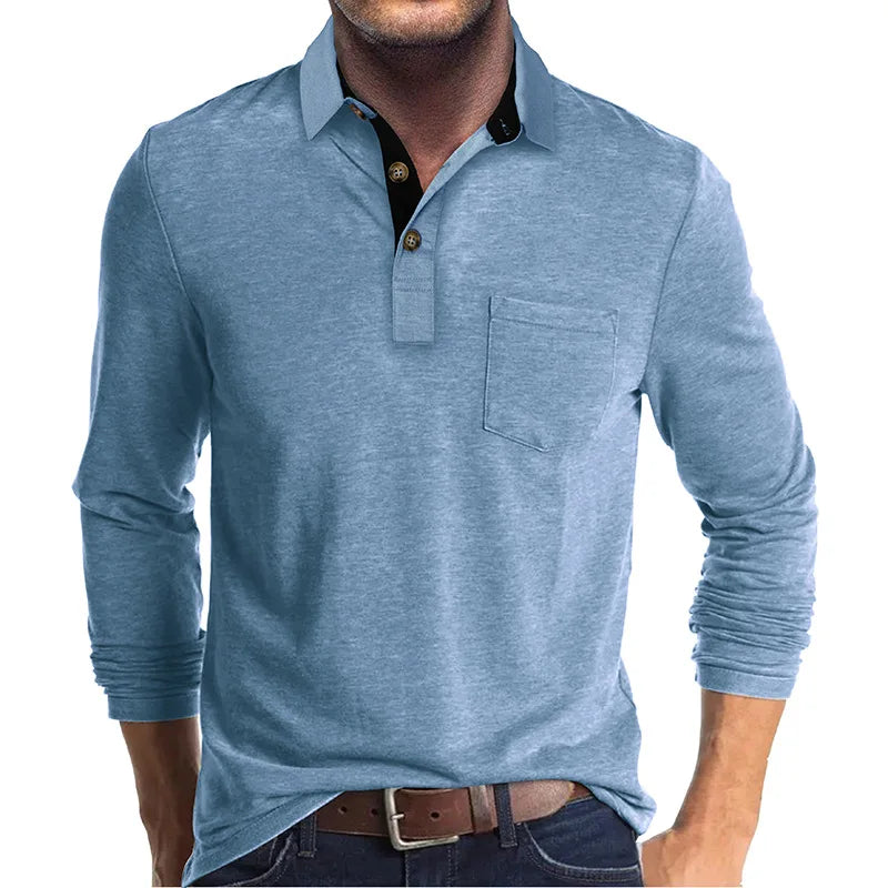 Polo à manches longues pour homme avec poche poitrine et patte de boutonnage