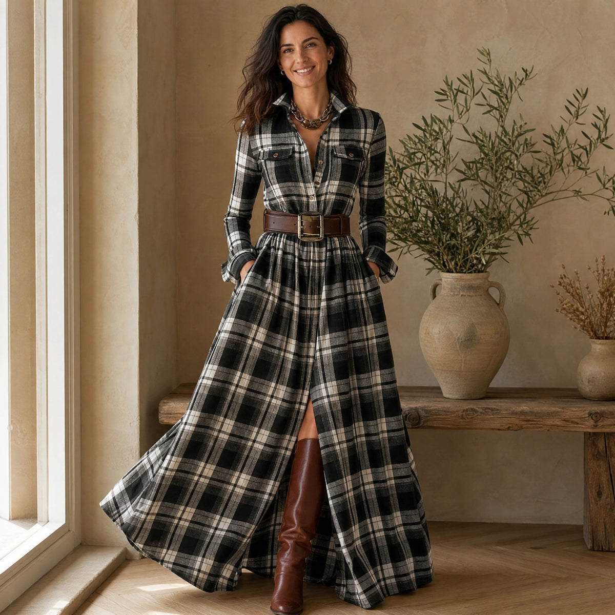 Robe chemise longue à carreaux pour femme avec ceinture à la taille