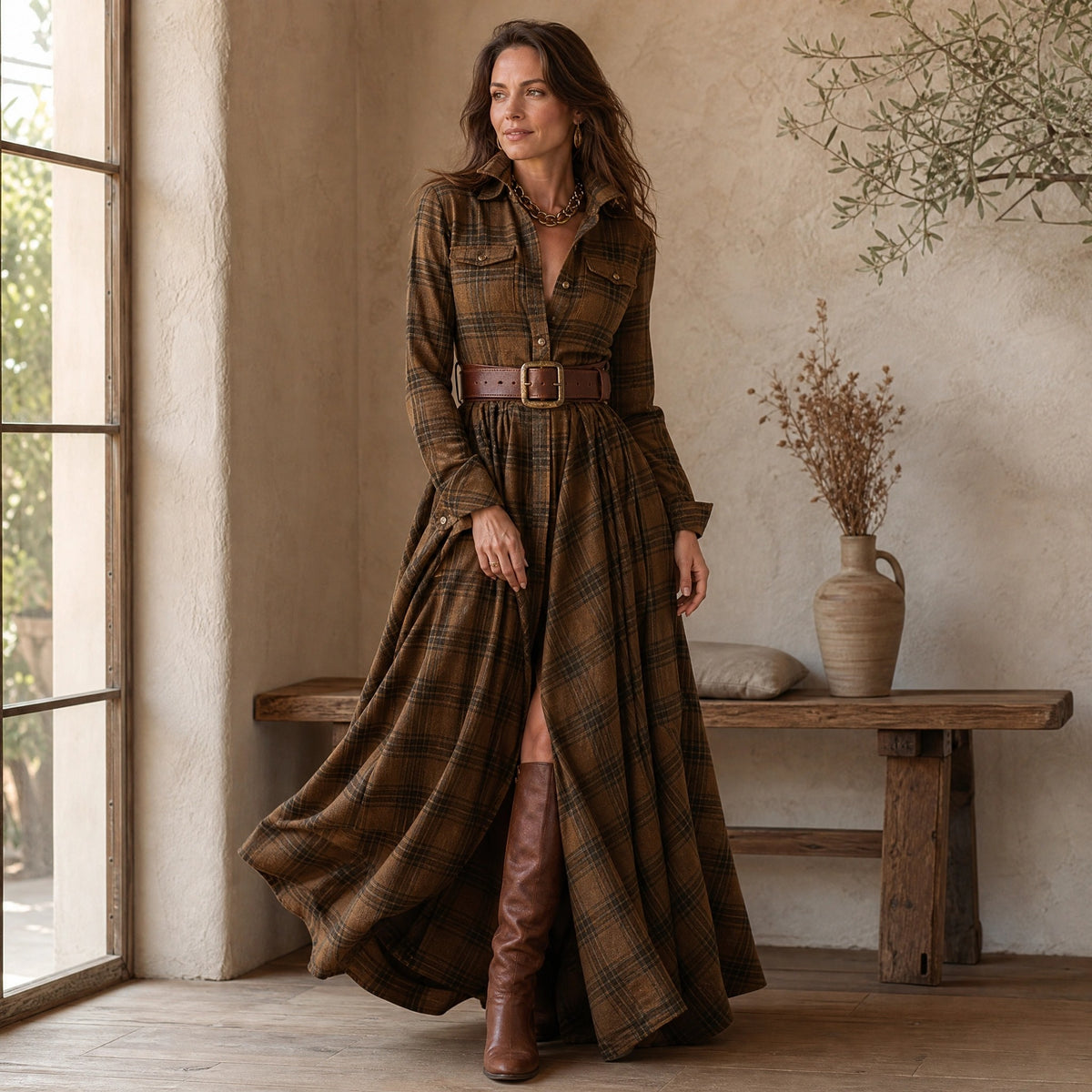 Robe chemise longue à carreaux pour femme avec ceinture à la taille
