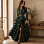 Women's Plaid Maxi Shirt Dress with Belted Waist
