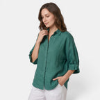 Women's Linen Blend Button-Up Shirt with Relaxed Fit