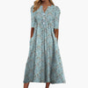 Floral Print A-Line Midi Dress with V-Neckline Buttoned Front and Side Pockets