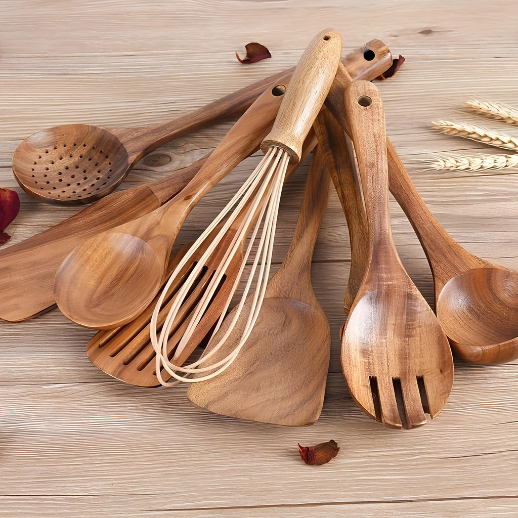 11-Piece Teak Kitchen Utensil Set with Convenient Holder for Stylish and Functional Cooking