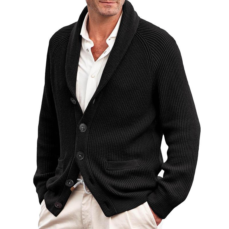 Cardigan tricoté pour homme à col châle, fermeture boutonnée et poches
