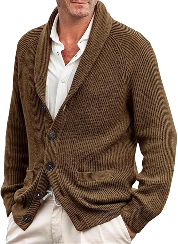 Cardigan tricoté pour homme à col châle, fermeture boutonnée et poches