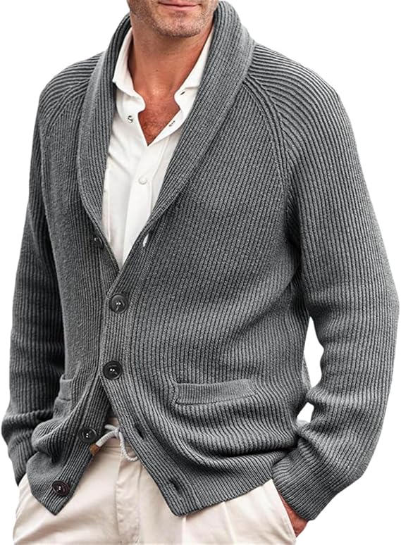 Cardigan tricoté pour homme à col châle, fermeture boutonnée et poches