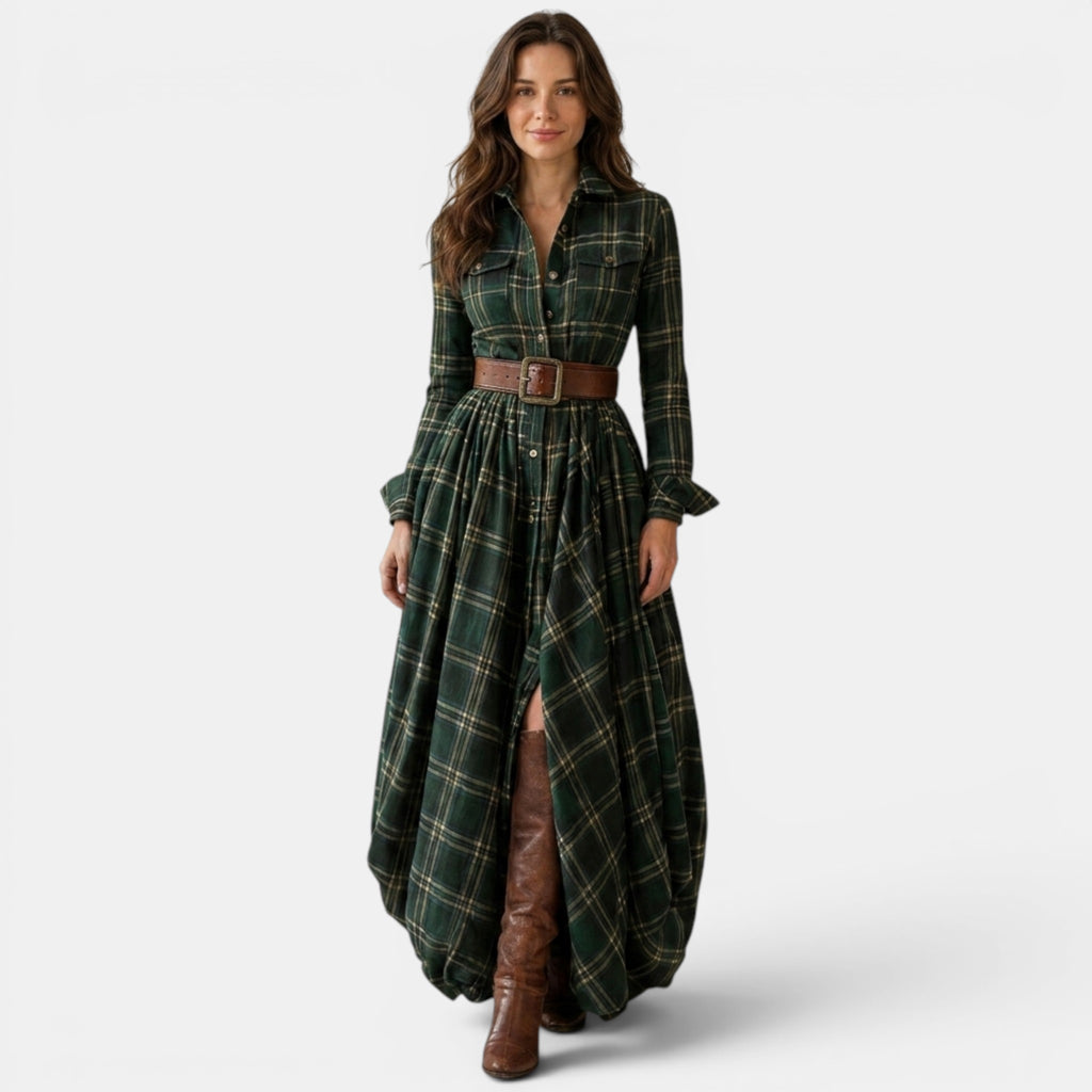 Women's Plaid Maxi Shirt Dress with Belted Waist
