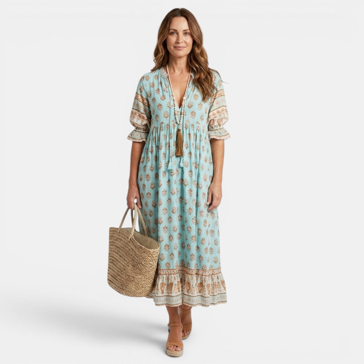 Robe maxi à col en V fleurie pour femmes, coupe décontractée et élégante