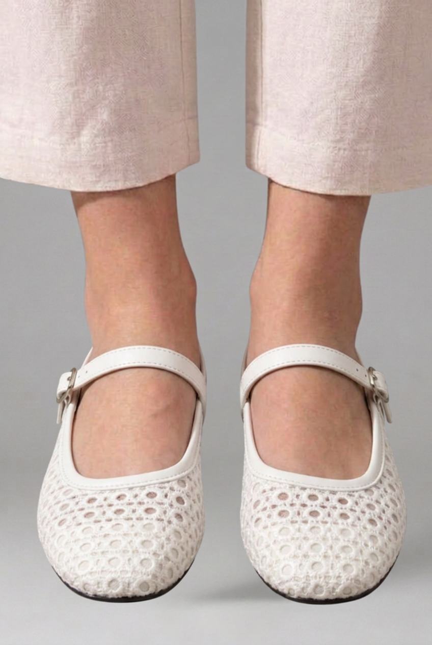 Ballerines tressées en crochet à motif floral pour femme, avec bride réglable et bout carré souple
