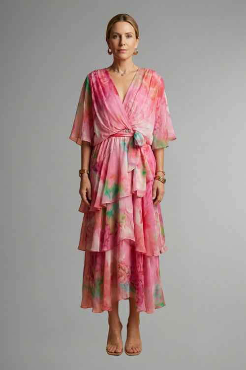 Elegant Women's Maxi Dress with V-Neckline Long Sleeves and Flowing Printed Skirt