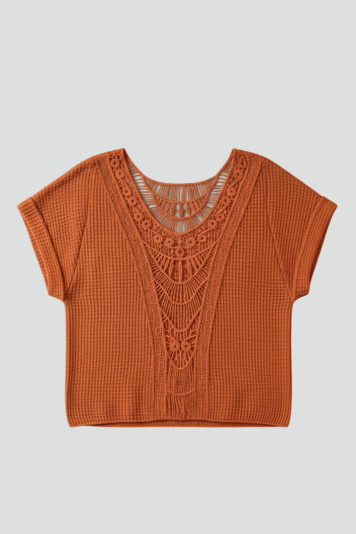 Lace Trim Short Sleeve Women's T-Shirt with Textured Surface